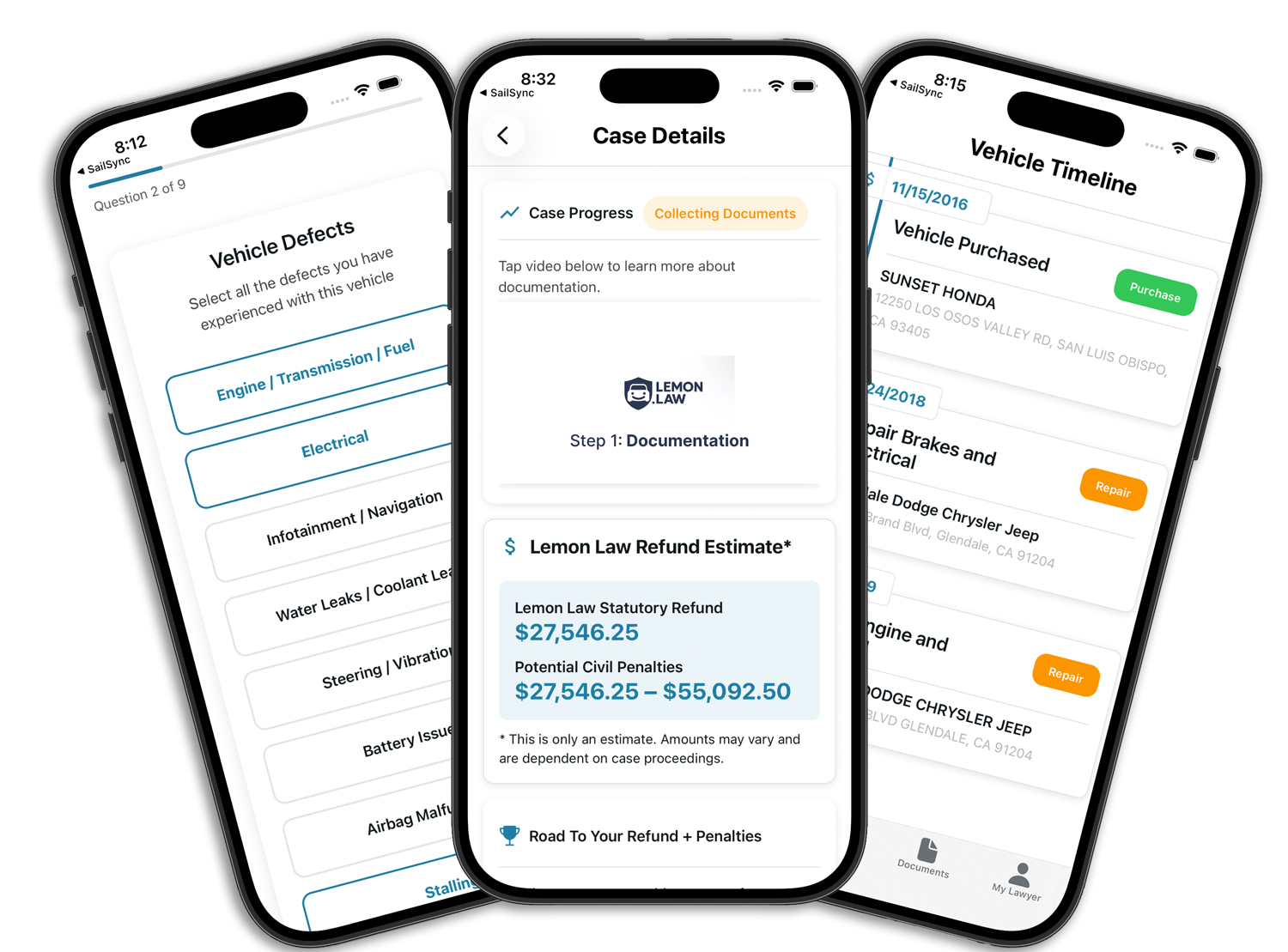 Lemon.Law mobile app showing vehicle defect tracking and case details